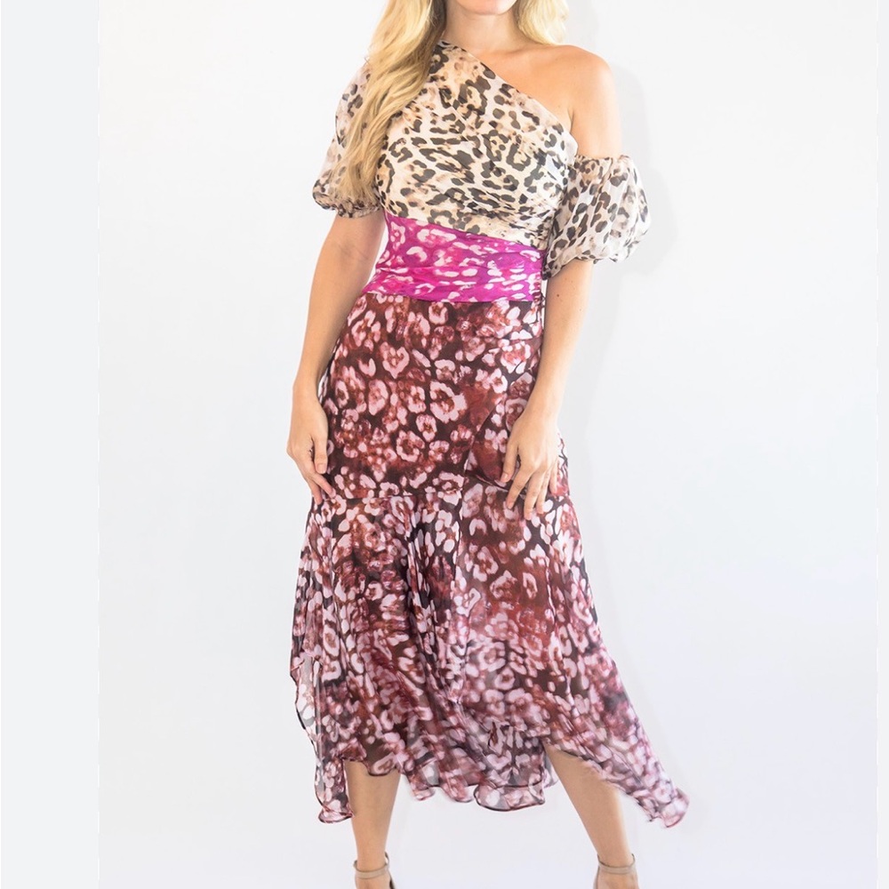 AMUR Jaylah Pink and Brown One-Shoulder Animal Print Dress